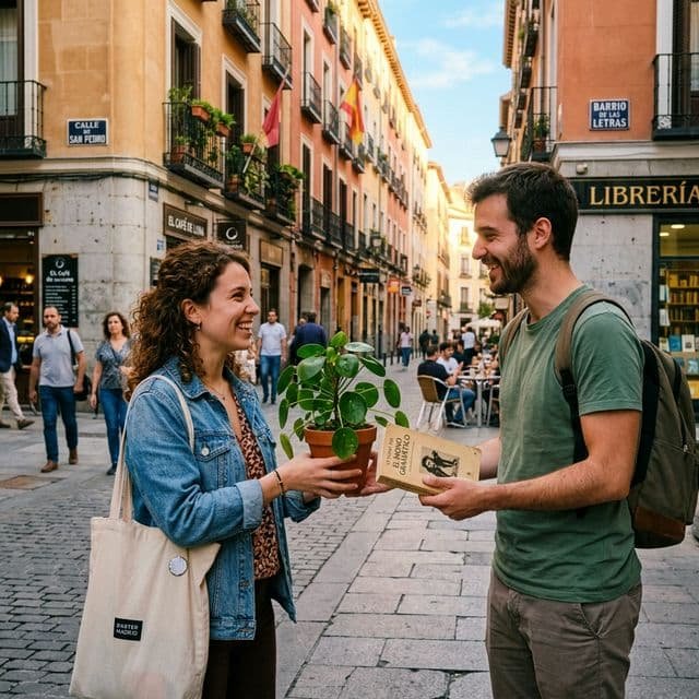 People exchanging a plant for a book in a Madrid street, concept of a barter app and circular economy.